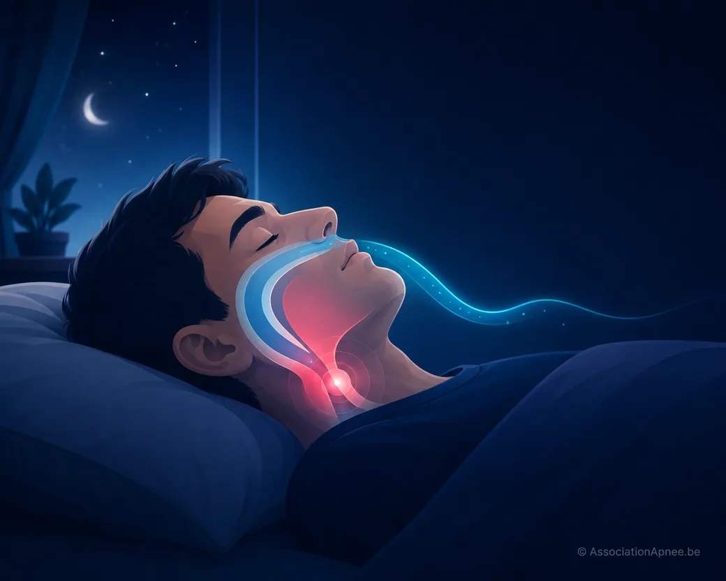 Illustration éditoriale d'une personne dormant paisiblement la nuit, avec ses voies aériennes mises en évidence et une zone d'obstruction visible au niveau de la gorge, caractéristique de l'apnée obstructive du sommeil