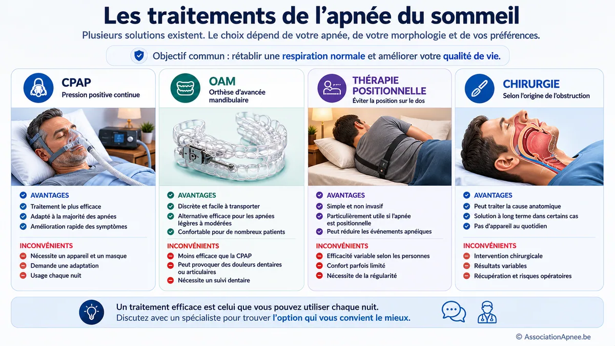 Comparatif visuel des 4 traitements de l'apnée du sommeil avec avantages et inconvénients : CPAP (pression positive continue, traitement de référence), OAM (orthèse d'avancée mandibulaire, alternative pour apnées légères à modérées), thérapie positionnelle (éviter le dos), chirurgie (selon l'origine de l'obstruction)