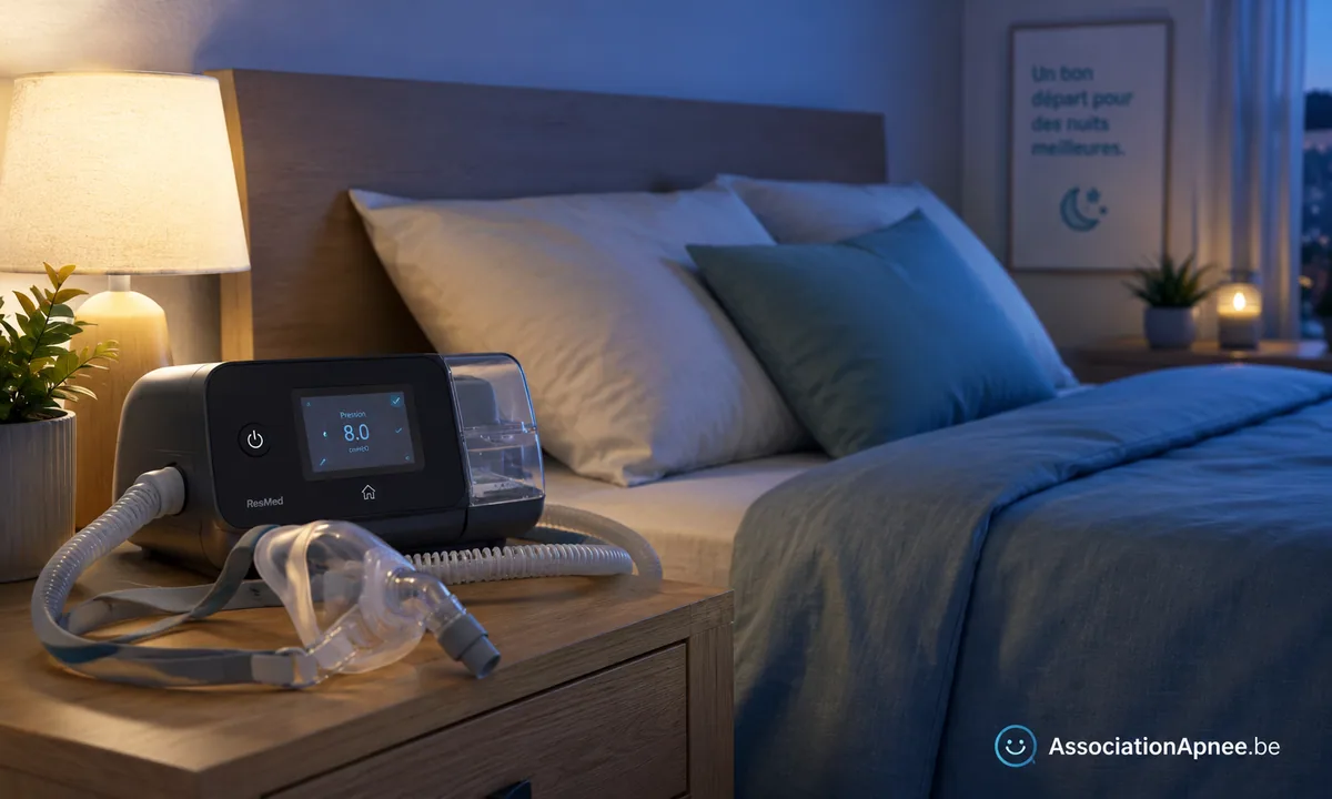 Scène d'une chambre à coucher chaleureuse en fin de journée avec une machine CPAP installée sur la table de chevet, masque nasal CPAP visible, tuyau, écran de la machine indiquant la pression thérapeutique, prête pour la première nuit de traitement de l'apnée du sommeil