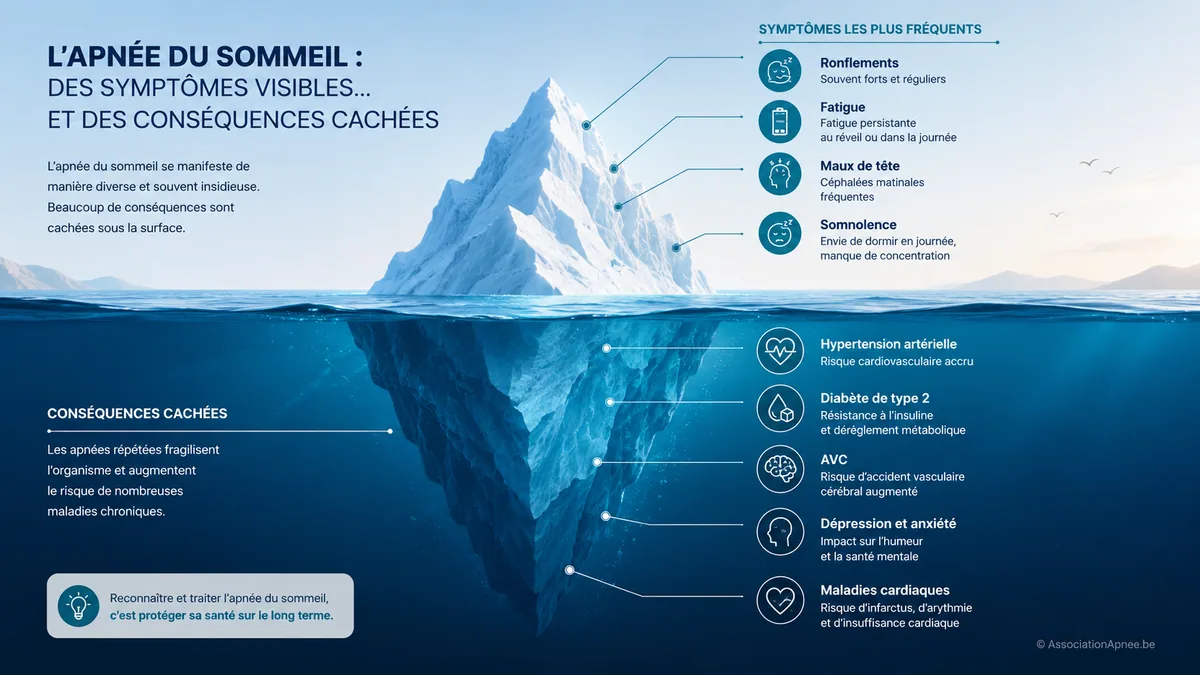 Métaphore visuelle de l'iceberg appliquée à l'apnée du sommeil : symptômes visibles au-dessus de la surface (ronflement, fatigue, maux de tête, somnolence) et conséquences cachées en dessous (hypertension artérielle, diabète de type 2, AVC, dépression, maladies cardiaques)